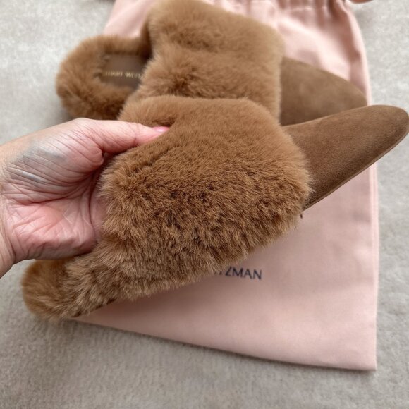 Brand New Beige/Light Brown Stuart Weitzman Edie Chill Suede & Faux Fur Mules - Picture 3 of 11